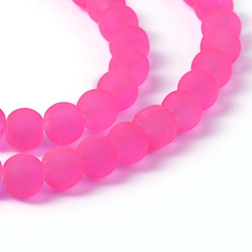 Fil de 135 perles ronde de verre transparent mat givré 6 mm rose neon