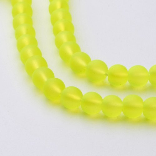 Fil de 135 perles ronde de verre transparent mat givré 6 mm jaune neon