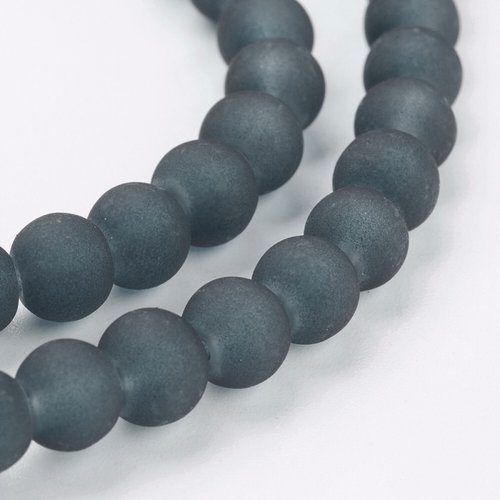 Fil de 135 perles ronde de verre transparent mat givré 6 mm bleu fonce