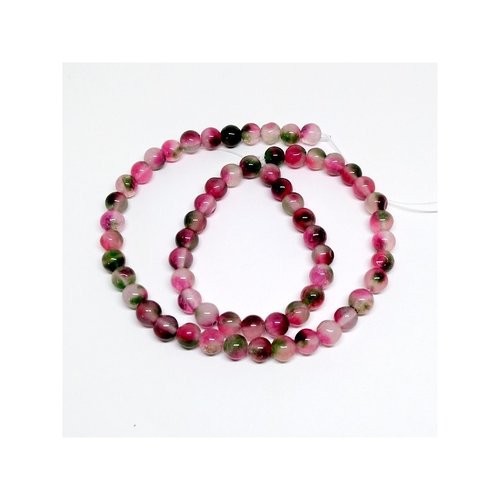 Fil de 60 perles ronde naturelle en jade deux couleurs 6 mm rose vert
