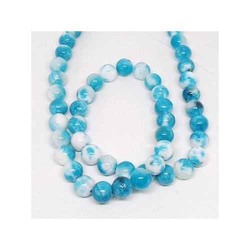 Fil de 47 perles jade blanche naturelle teintée fabrication bijoux 8 mm bleu blanc