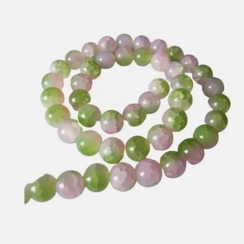 Fil de 48 perles verre craquelé ronde imitation agate 8 mm vert rose
