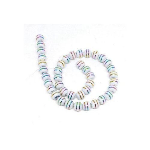 Fil de 30 perles ronde en verre 8 x 7.5 mm fabrication bijoux rayees brillant multicolore