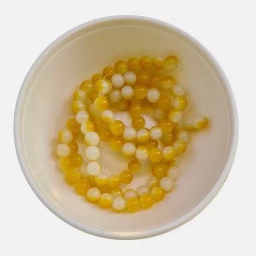 Fil de 100 perles ronde en verre deux couleurs 8 mm jaune blanc