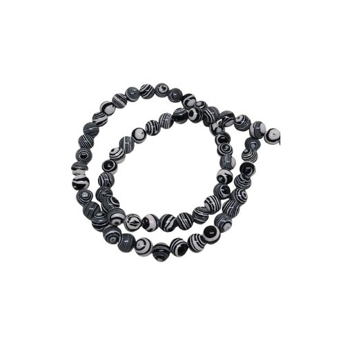Fil de 60 perles ronde malachite synthétique fabrication bijoux 6 mm noir blanc