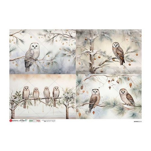 1 feuille de papier de riz 22,5 x 32 cm découpage collage paper designs chouette branche enneigee hiver 0213