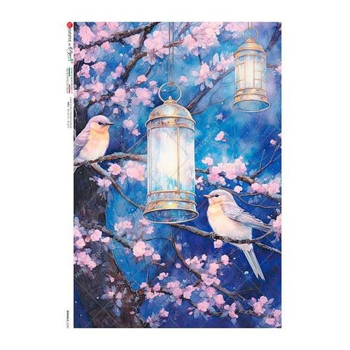 1 feuille de papier de riz 22,5 x 32 cm découpage collage paper designs oiseau nuit lanterne 0240