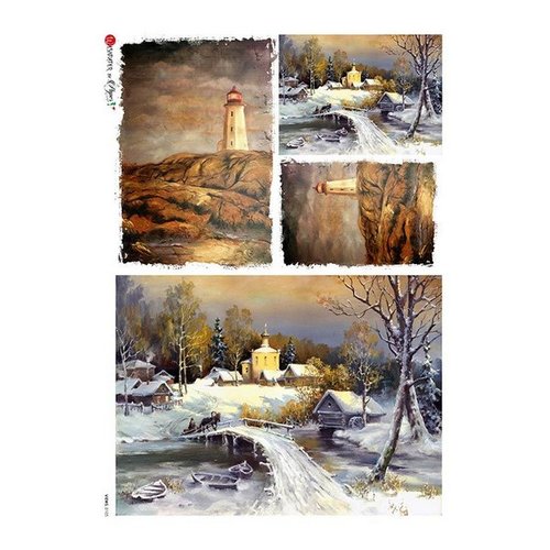 1 feuille de papier de riz 22,5 x 32 cm découpage collage paper designs nature bord de mer hiver neige 0105