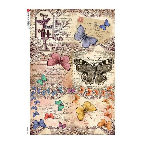 1 feuille de papier de riz 22,5 x 32 cm découpage collage paper designs papillon ecriture vintage 0122