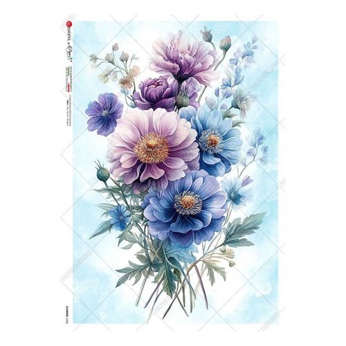 1 feuille de papier de riz 22,5 x 32 cm découpage collage paper designs bouquet de fleur bleue mauve 0433