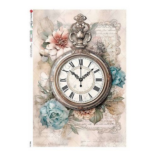 1 feuille de papier de riz 22,5 x 32 cm découpage collage paper designs montre fleur vintage 0046