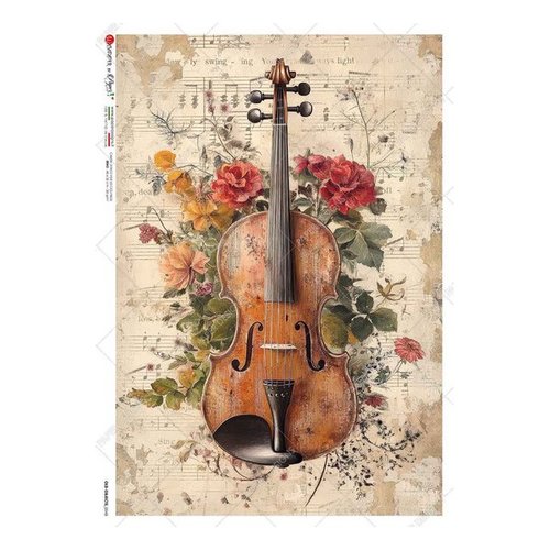 1 feuille de papier de riz 22,5 x 32 cm découpage collage paper designs vintage violon fleur 0048