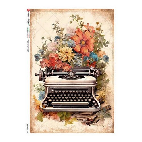 1 feuille de papier de riz 22,5 x 32 cm découpage collage paper designs retro machine a ecrire fleur 0039