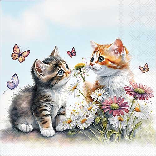 2 serviettes en papier 33 x 33 cm découpage collage chatons fleurs papillons a 603