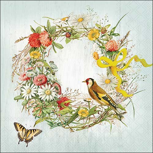 2 serviettes en papier 33 x 33 cm découpage collage oiseau couronne de fleurs