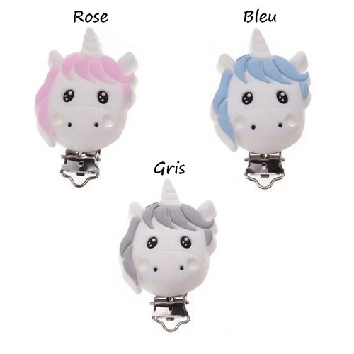 1 attache accroche tétine en silicone et métal licorne