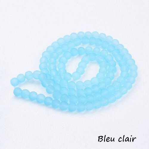 Fil de 95 perles ronde de verre transparent mat givré 8 mm fabrication bijoux bleu clair