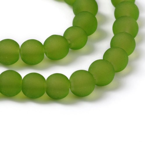 Fil de 95 perles ronde de verre transparent mat givré 8 mm fabrication bijoux vert