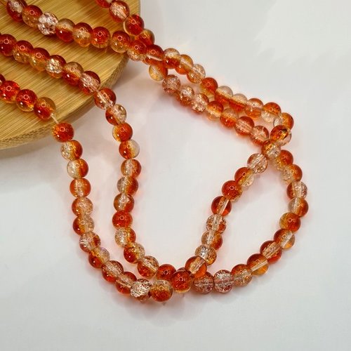 Fil de 140 perles ronde de verre craquelé fabrication bijoux 6 mm orange cristal