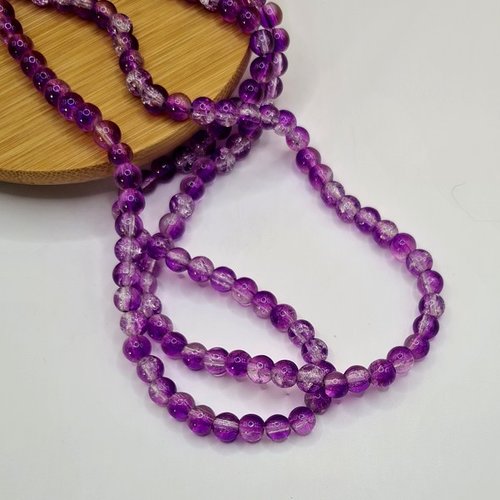 Fil de 140 perles ronde de verre craquelé fabrication bijoux 6 mm violet cristal