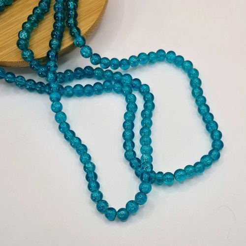 Fil de 140 perles ronde de verre craquelé fabrication bijoux 6 mm bleu