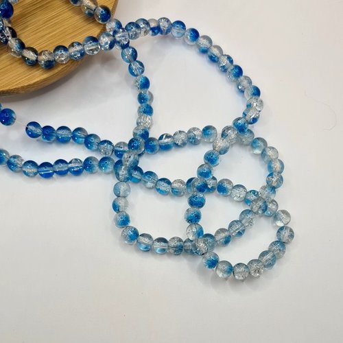 Fil de 140 perles ronde de verre craquelé fabrication bijoux 6 mm bleu cristal