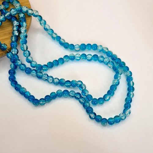 Fil de 140 perles ronde de verre craquelé fabrication bijoux 6 mm bleu cristal b