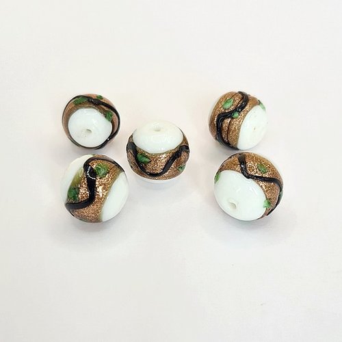 5 perles lampwork rondes 14 mm fabrication bijoux doré blanche