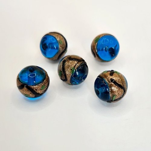 5 perles lampwork rondes 14 mm fabrication bijoux doré bleu