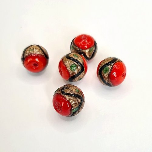 5 perles lampwork rondes 14 mm fabrication bijoux doré rouge