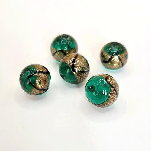 5 perles lampwork rondes 14 mm fabrication bijoux doré vert