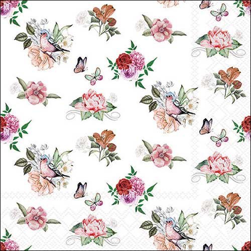 2 serviettes en papier 33 x 33 cm découpage collage petites roses oiseaux papillons f 650