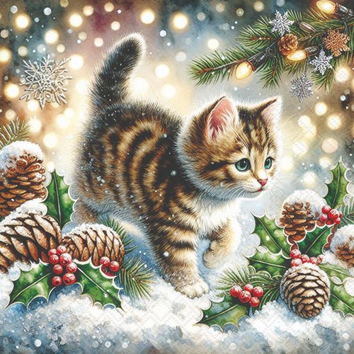 2 serviettes en papier 33 x 33 cm découpage collage chaton de noel n 707