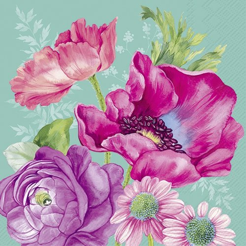2 serviettes en papier 33 x 33 cm découpage collage fleur fond turquoise fl 1012