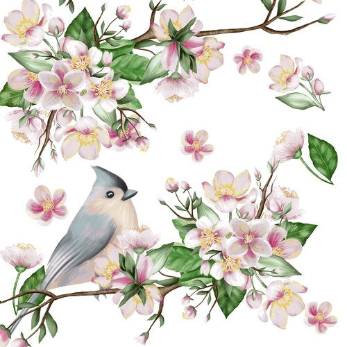 2 serviettes en papier 33 x 33 cm découpage collage oiseau branche de fleurs o 407
