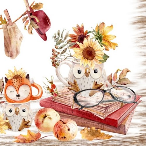 2 serviettes en papier 33 x 33 cm découpage collage chouette renard a 1007