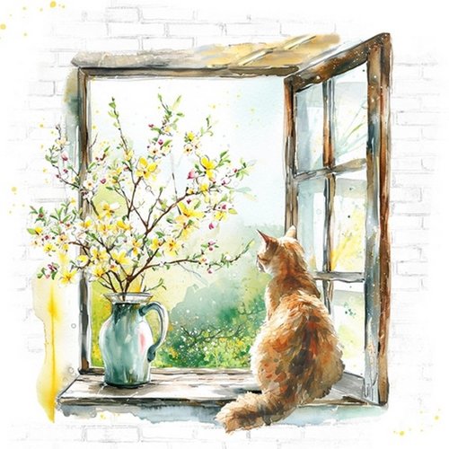 2 serviettes en papier 33 x 33 cm découpage collage chat fenetre a 1006