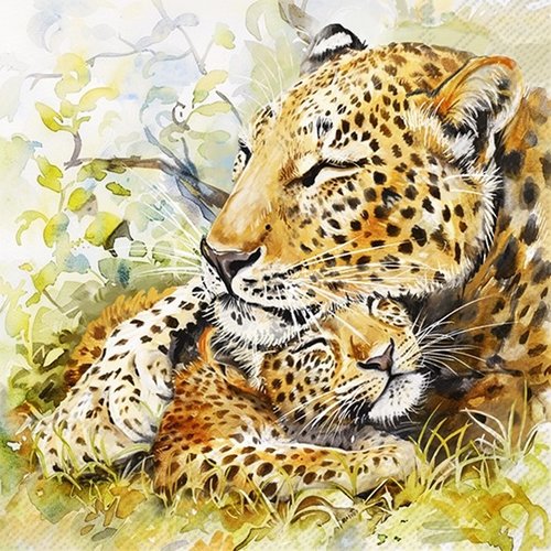 2 serviettes en papier 33 x 33 cm découpage collage famille de leopards a 1010