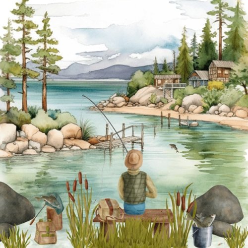 2 serviettes en papier 33 x 33 cm découpage collage nature pecheur lac n 705