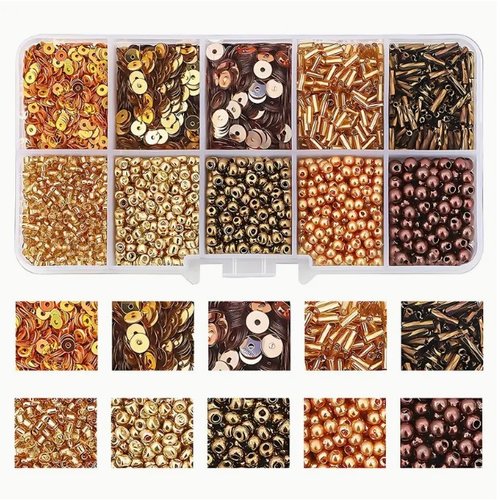 Boite de perles en verre de rocaille et sequins assorties 10 modèles différents tons dore marron  6918