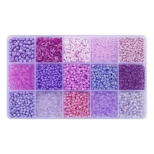 Boite de perles en verre de rocaille assorties 15 modèles différents  2 / 3 / 4 mm tons mauve violet 6170
