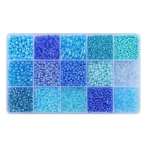 Boite de perles en verre de rocaille assorties 15 modèles différents  2 / 3 / 4 mm tons bleu 7316