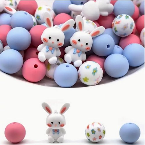 Lot de 30 perles en silicone assorties attache tétine bracelet porte clefs lapin rose bleu 93598