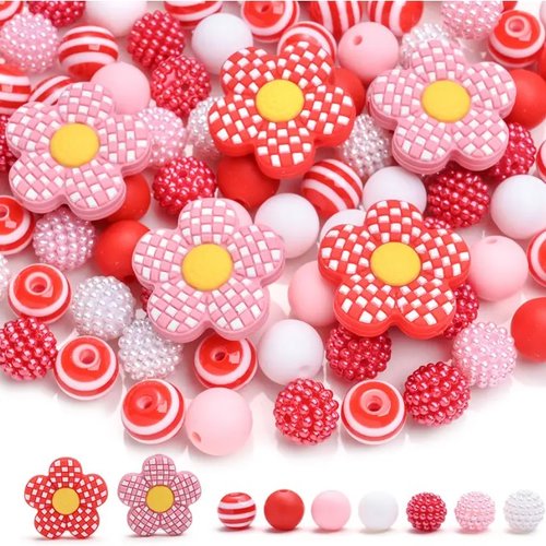 Lot de 72 perles en silicone assorties attache tétine bracelet porte clefs fleur rouge blanc