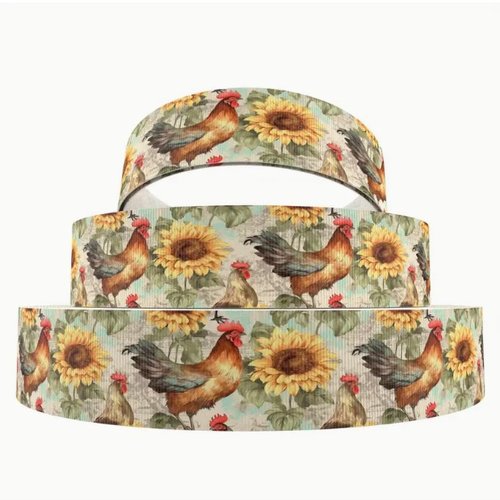 1 m de ruban gros grain imprimé 2.5 cm couture scrapbooking coq et tournesol