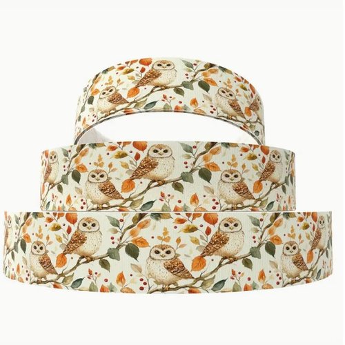 1 m de ruban gros grain imprimé 2.5 cm couture scrapbooking chouette sur branche