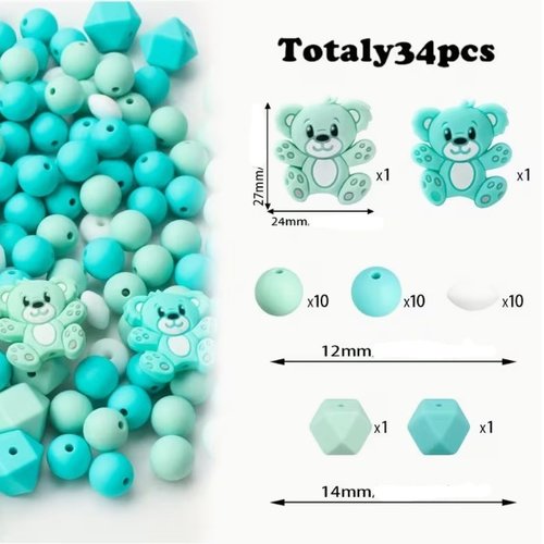 Ensemble de 34 perles en silicone attache tétine, bijoux fantaisies, porte clefs nounours