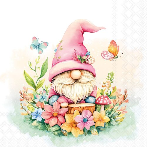 2 serviettes en papier 33 x 33 cm découpage collage gnome dans jardin fleuri d 142 xl