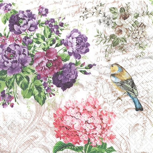 2 serviettes en papier 33 x 33 cm découpage collage oiseaux et fleurs