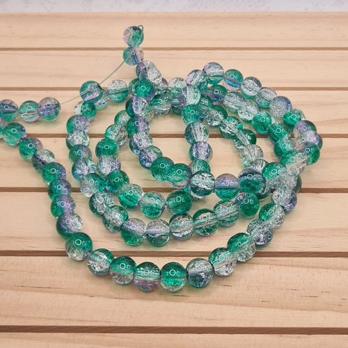 Fil de 105 perles ronde en verre craquelé cristal 8 mm mauve vert